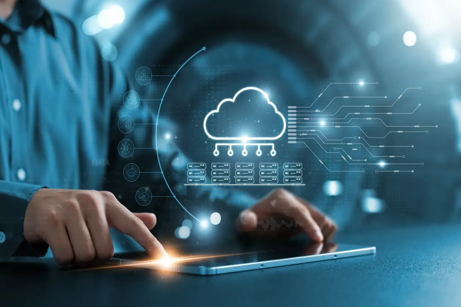Businessman using a tablet to explore cloud computing concepts and infrastructure solutions
