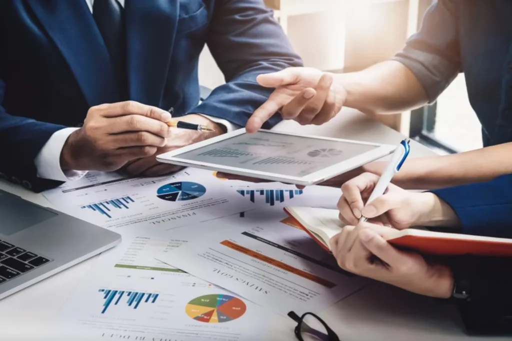 Business professionals collaborating on a laptop and tablet, focused on disciplined investment strategies