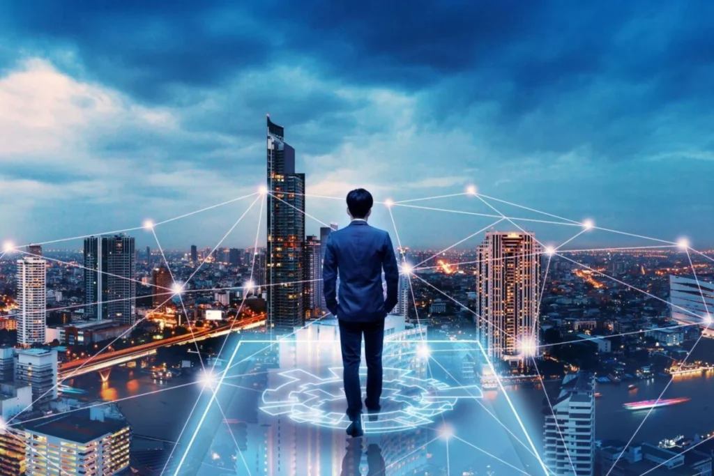 Businessman on a city edge, surrounded by network lines and dots, symbolizing investment in resilient technology partnerships